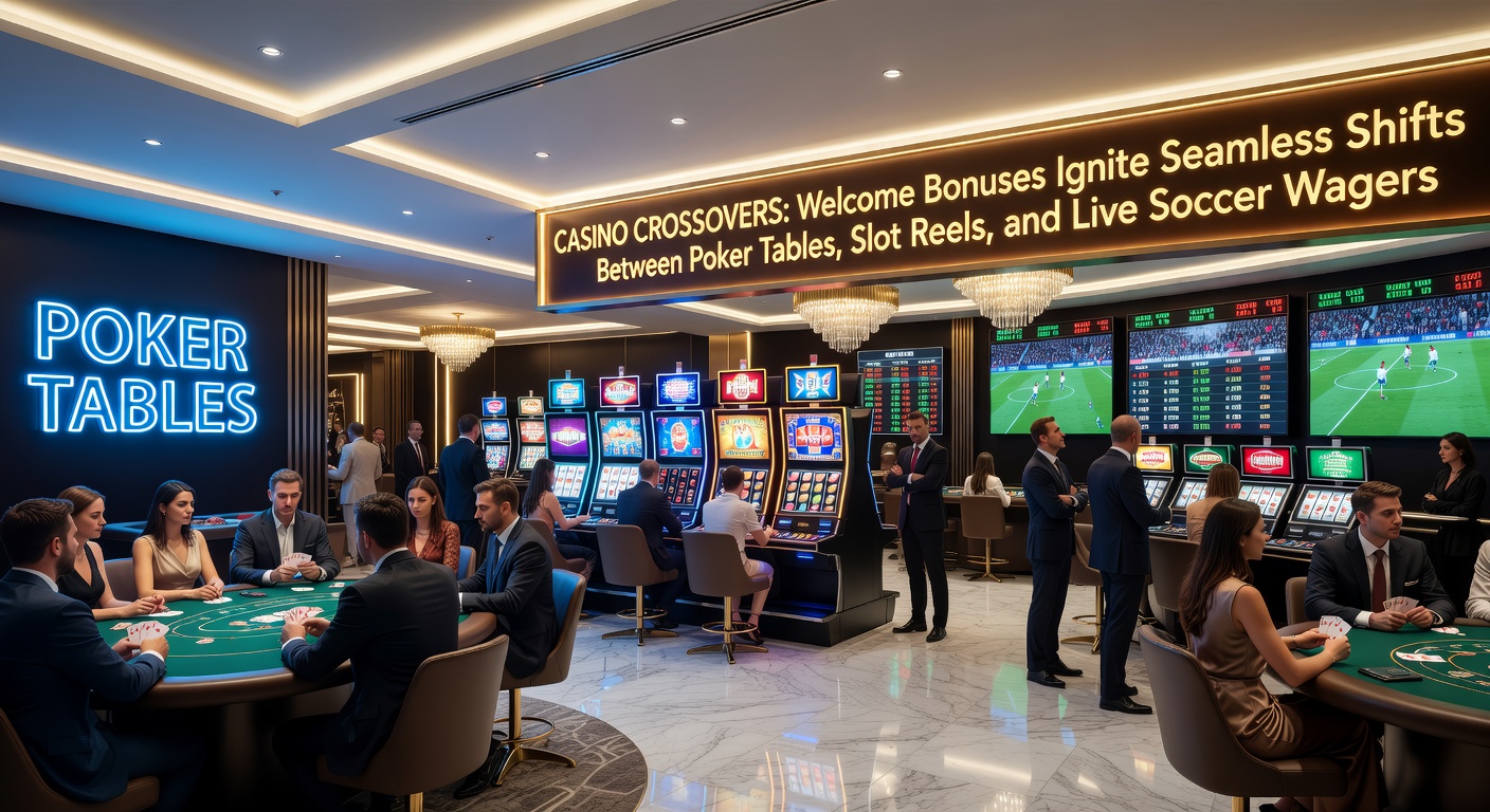 Vibrant online casino interface showing poker tables, spinning slot reels, and live soccer match odds side by side, highlighting bonus integration
