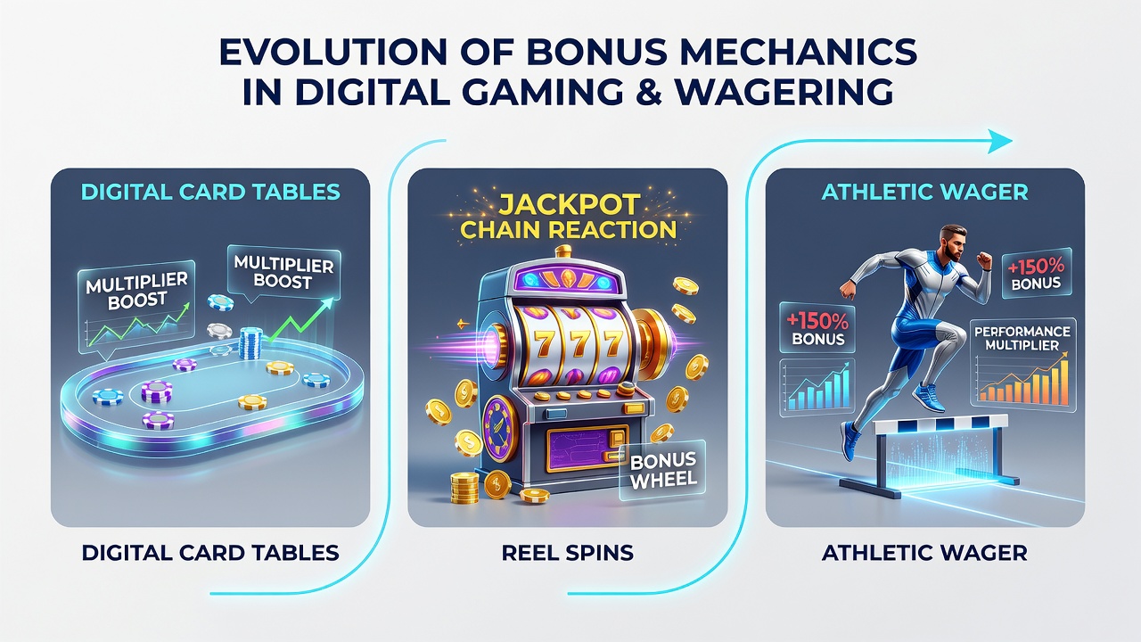Mobile interface displaying interconnected bonus features across slots, poker, and sports betting