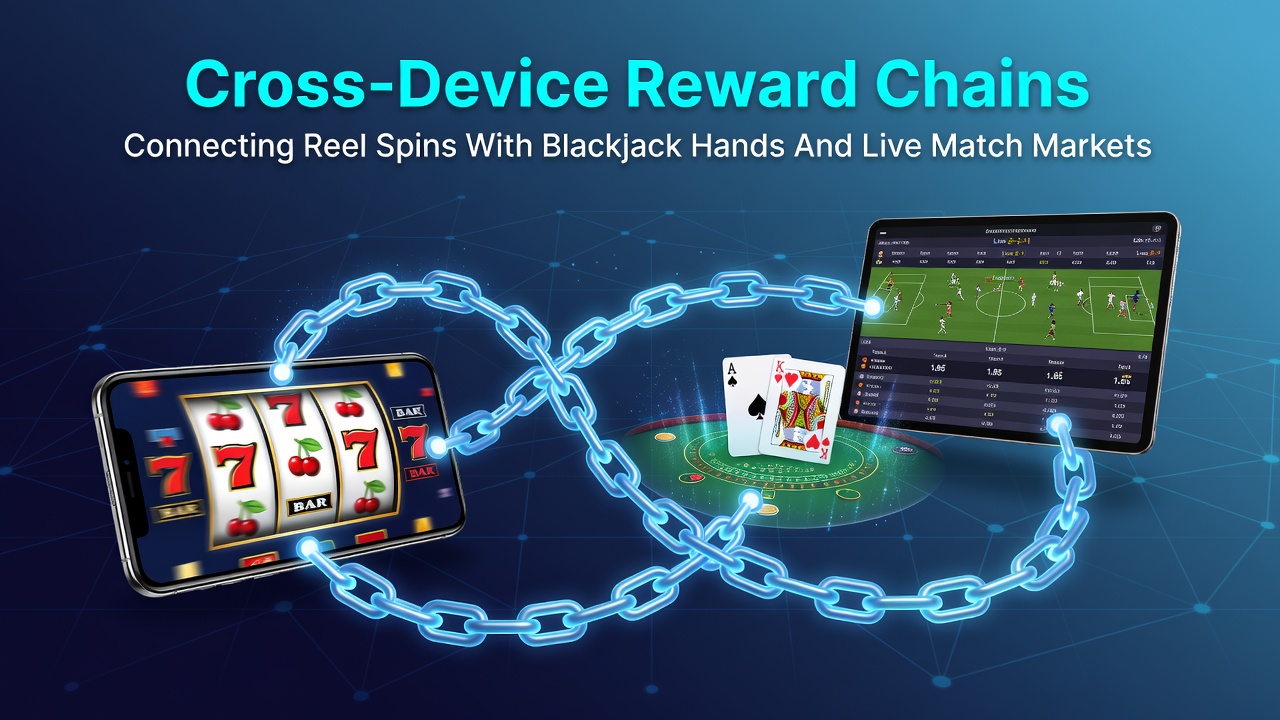 Diagram showing reward chain connections between slot machines, blackjack tables, and live sports betting interfaces on multiple devices