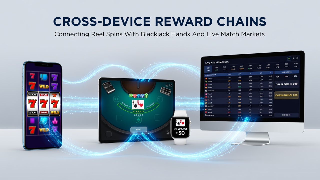 Illustration of users accessing connected casino and sports betting rewards on smartphone, tablet, and desktop screens