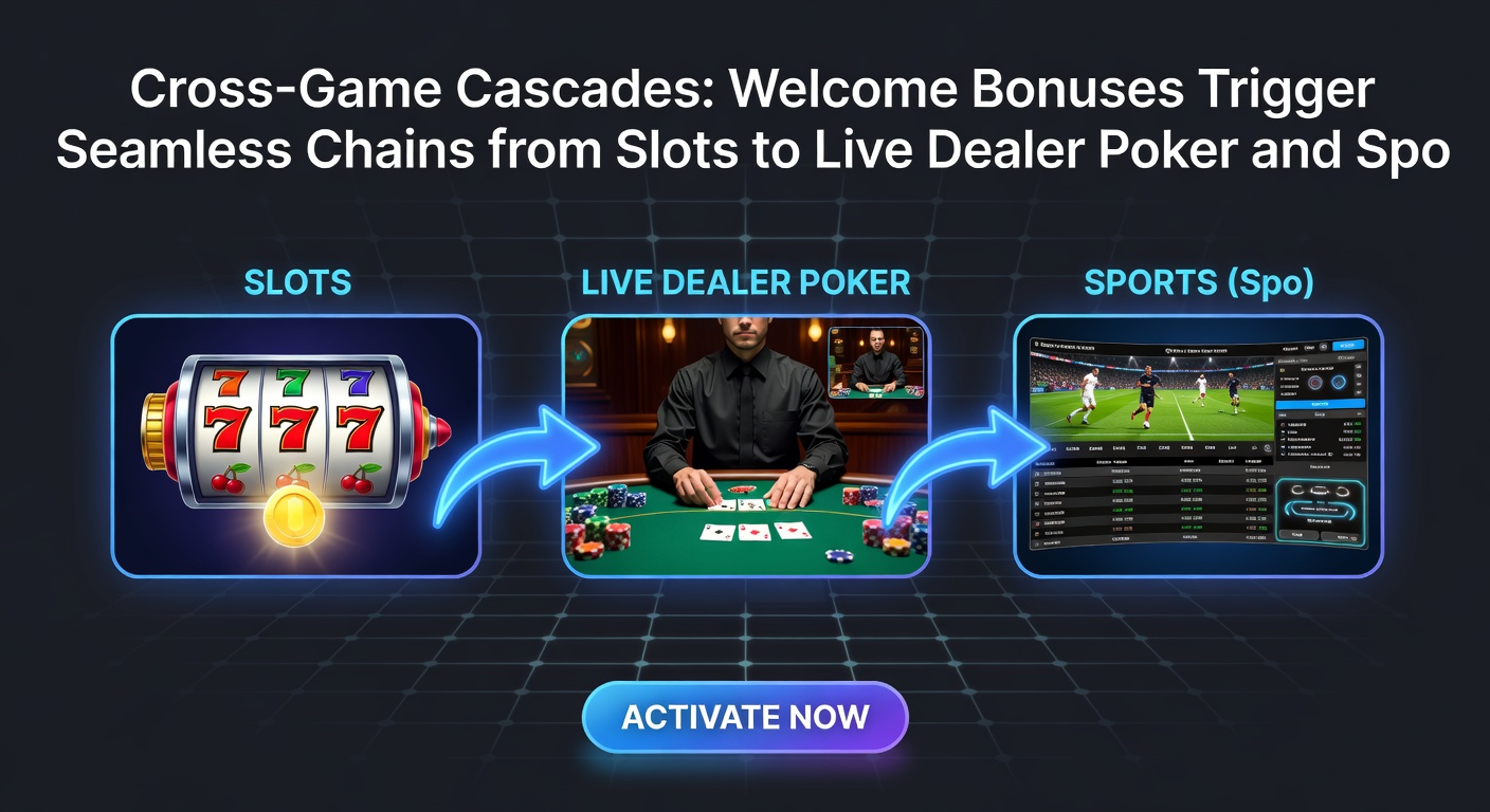 Dynamic screenshot of a welcome bonus dashboard chaining slot wins to live poker chips and sports betting slips, with progress bars indicating seamless transitions