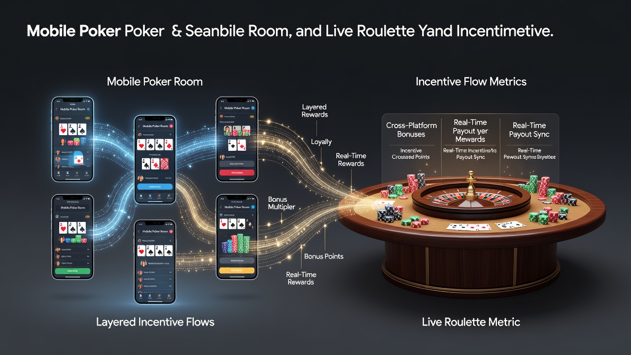 Mobile poker interface transitioning to live roulette table with layered bonus indicators