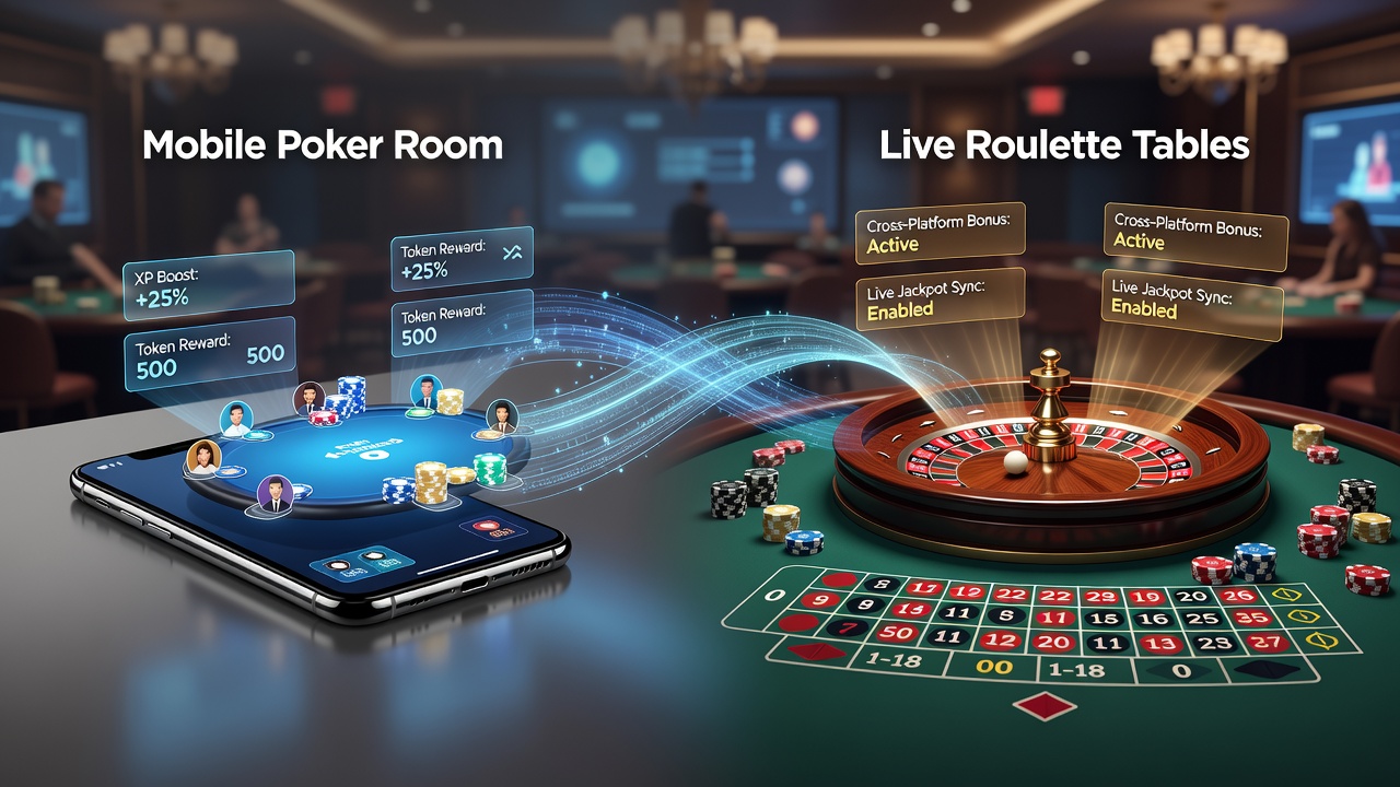 Layered incentive dashboard showing poker to roulette bonus flow on mobile device