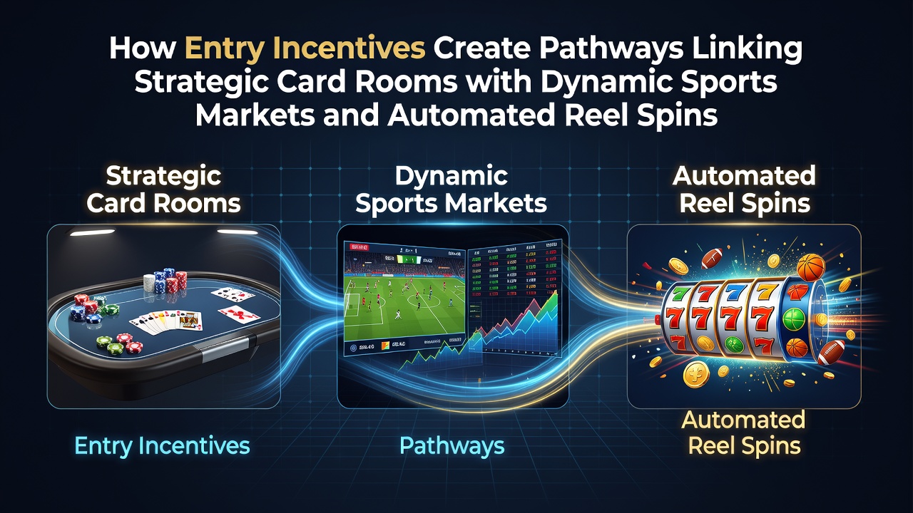 Strategic card room with poker tables transitioning into dynamic sports betting screens and automated slot reels
