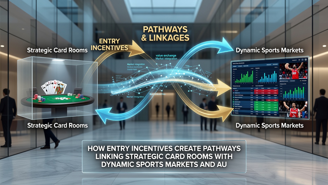 Integrated gaming interface showing card tables, sports odds, and slot reels connected through bonus pathways