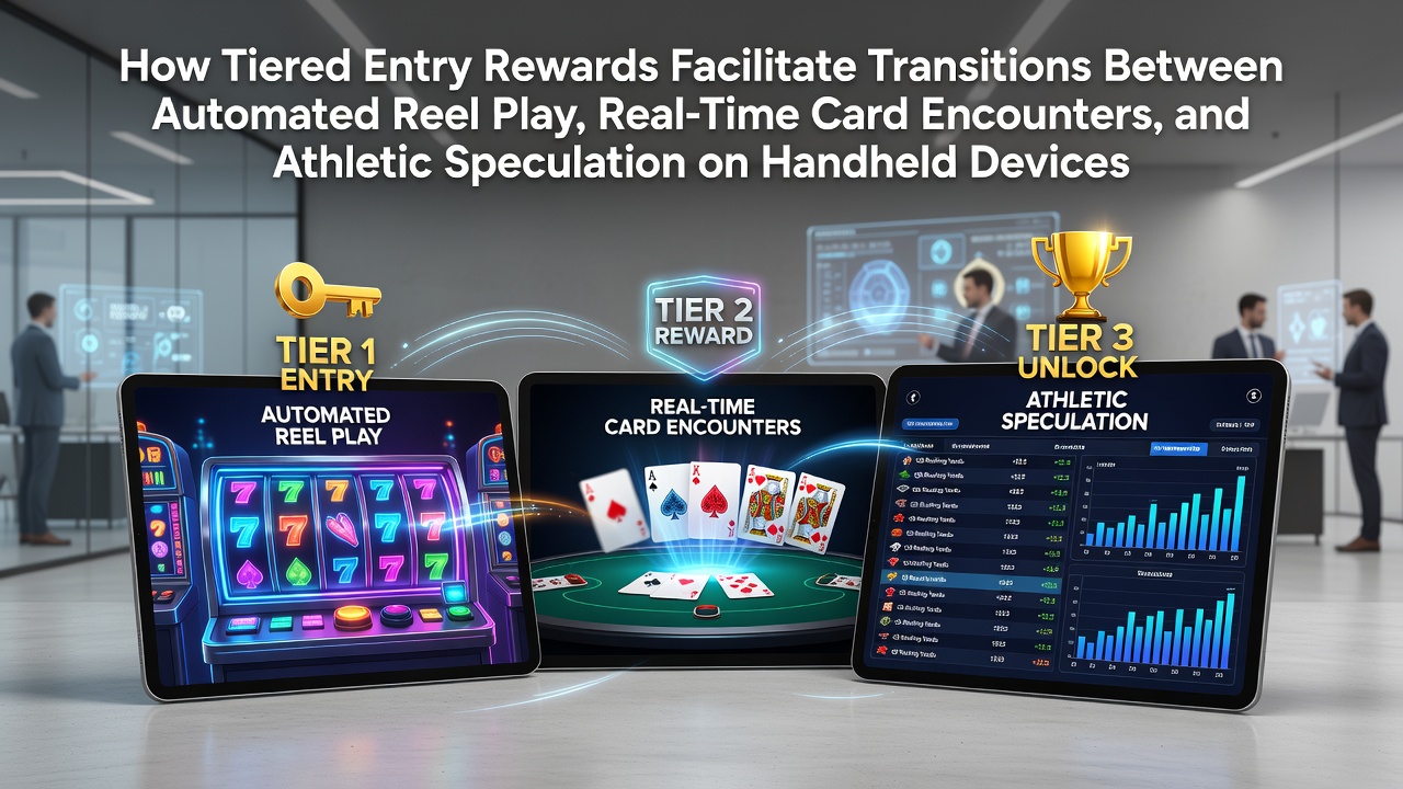 Mobile device displaying tiered reward progress across slot games, live card tables, and sports betting sections