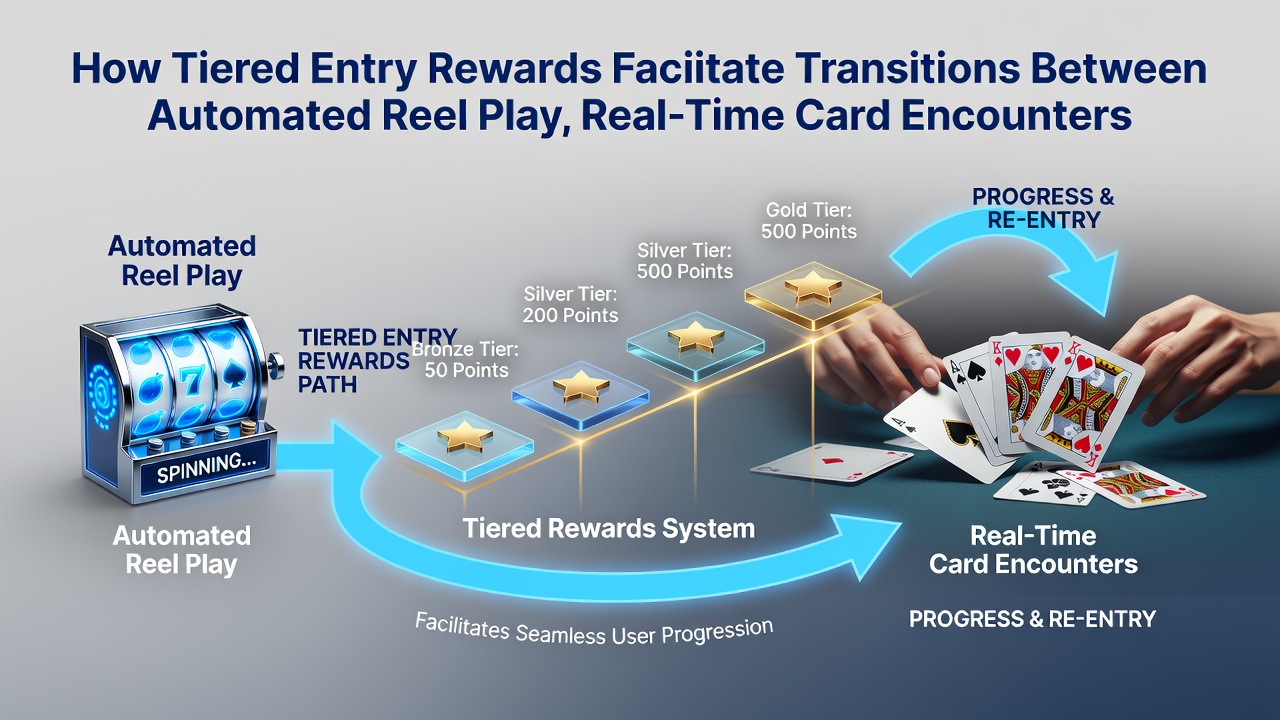 User interface on a tablet showing reward tiers connecting slots to live cards and sports betting options