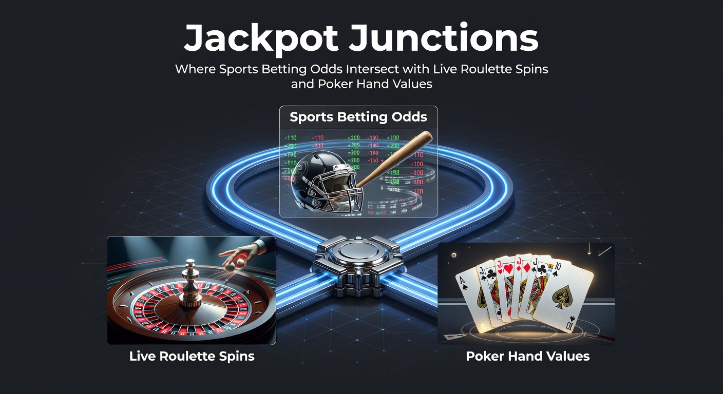 Vibrant digital display showing intertwined sports betting lines, spinning roulette wheel, and poker cards forming a jackpot nexus