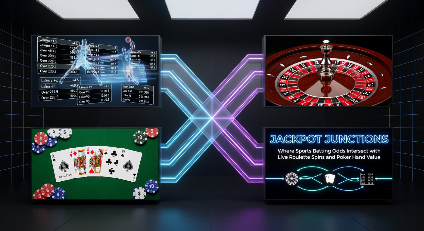 Close-up of a hybrid gaming interface displaying live sports odds overlaying a roulette table and poker showdown