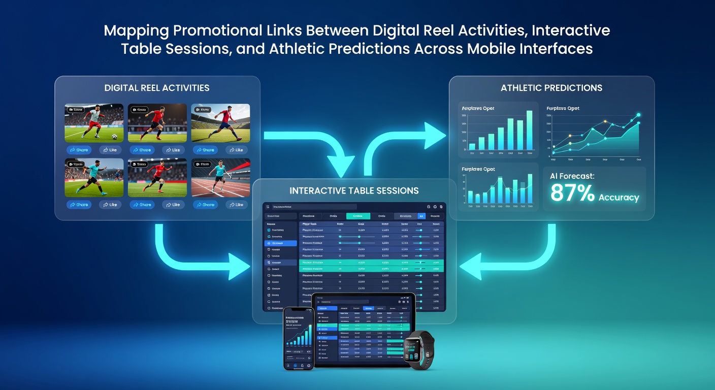Mobile interface showing connected promotional elements between digital reels, table games, and sports predictions