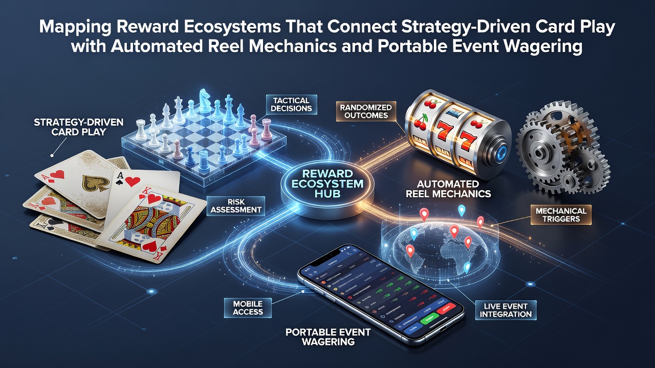 Diagram illustrating reward flow between card tables, slot reels, and mobile betting interfaces
