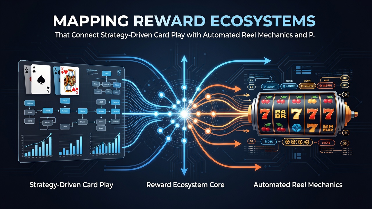 Flowchart showing data integration points between strategy card play, automated reels, and mobile wagering systems