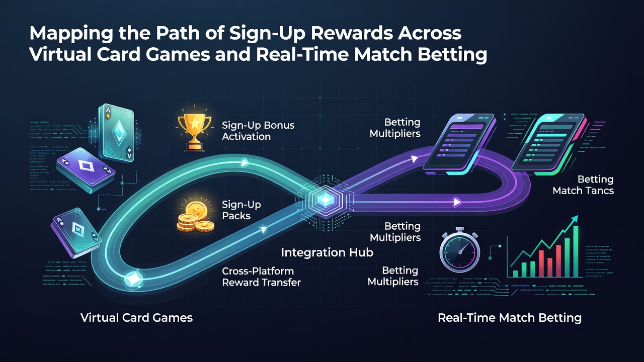 Diagram showing pathways of sign-up rewards flowing from virtual card game registrations into real-time sports betting interfaces