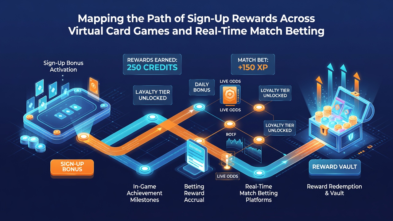 Flowchart illustrating how sign-up bonuses transfer from digital card tables to live match betting options with time-based triggers
