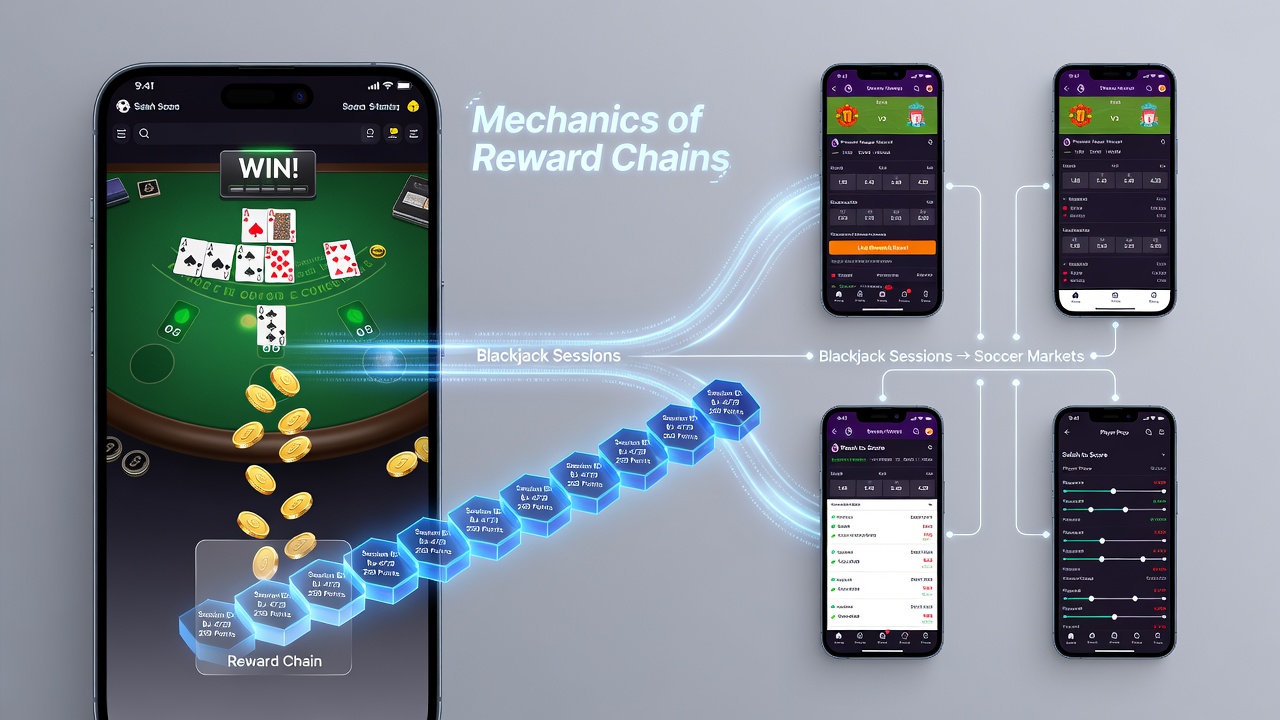 Mobile app dashboard showing reward points transferring from blackjack to soccer betting options