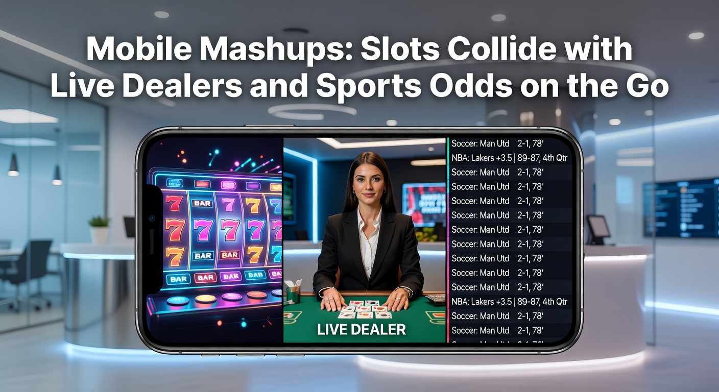Smartphone screen displaying a split-view app with spinning slots on one side, a live dealer roulette table in the center, and real-time sports betting odds scrolling on the bottom, capturing the essence of mobile mashups in action