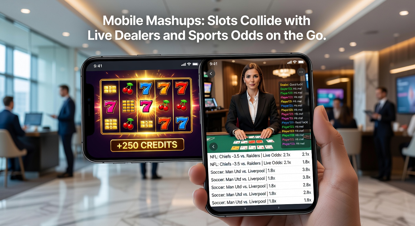 Close-up of a mobile interface showing live dealer blackjack overlaid with NFL odds and a mini-slot wheel, highlighting multi-game mashup functionality on portable devices