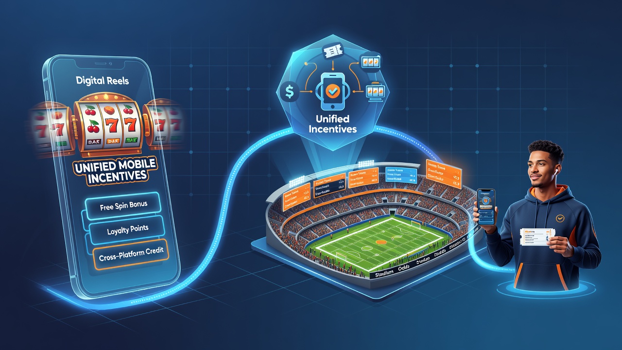 Stadium scene blended with digital interface elements illustrating unified mobile incentives bridging slots and sports betting