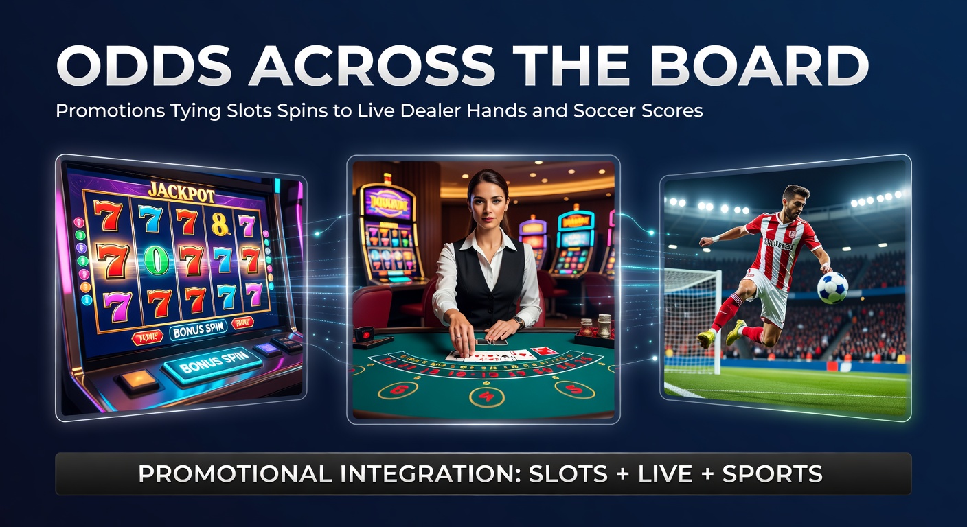 Dynamic graphic showing slot reels spinning alongside a live dealer blackjack table and a soccer pitch with score overlays, highlighting interconnected promotions