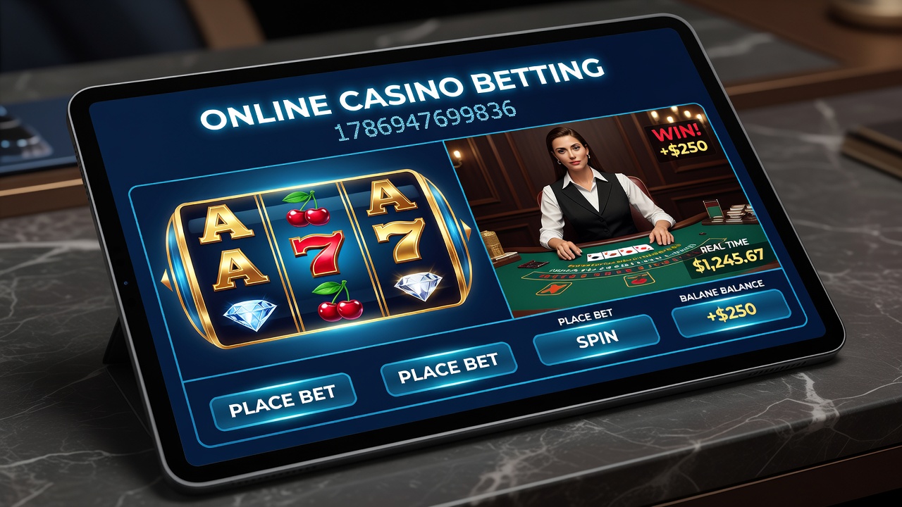 Mobile device displaying live dealer casino games and betting options in an online environment