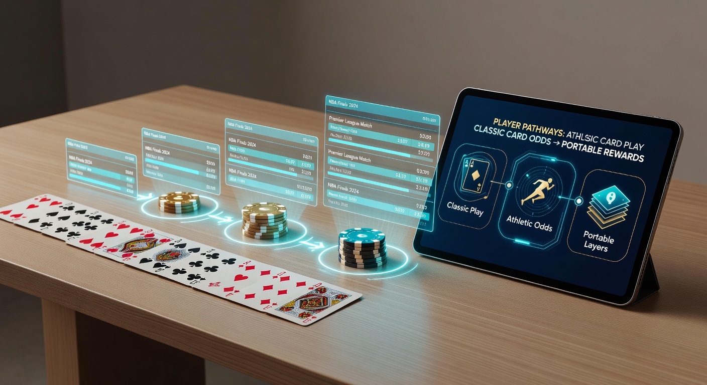 Illustration of interconnected gaming pathways showing poker cards transitioning into sports betting interfaces on mobile devices with reward layers visualized as glowing connections