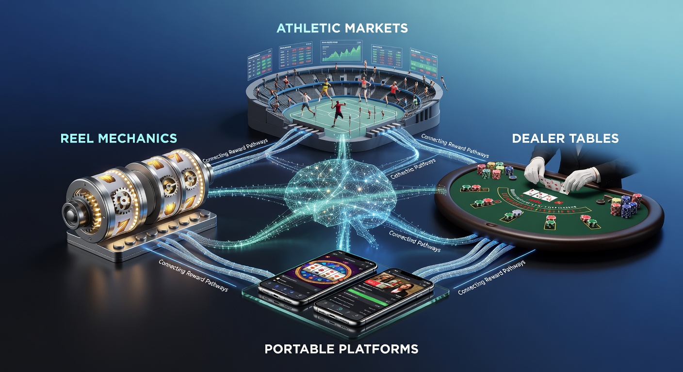 Mobile gaming interface displaying interconnected reward systems across slot reels, live dealer tables, and sports betting markets