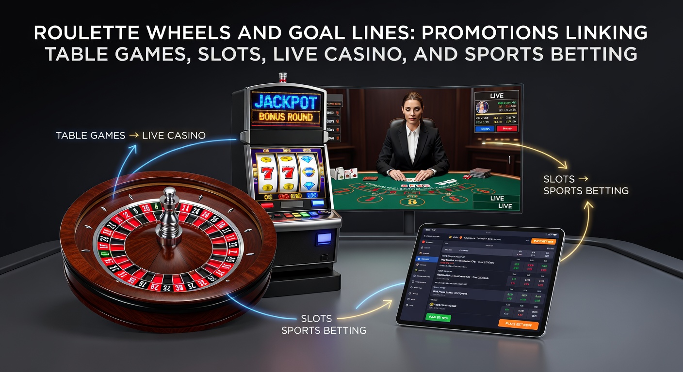 Dynamic split-screen showing slots reels, live dealer roulette, and sports betting goal line odds, highlighting promotional crossovers in action