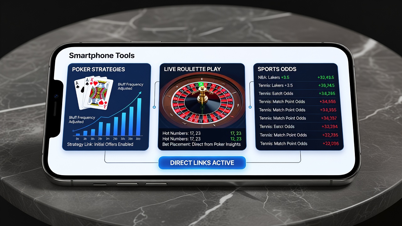Smartphone screen displaying integrated poker strategy tools alongside live roulette and sports odds interfaces