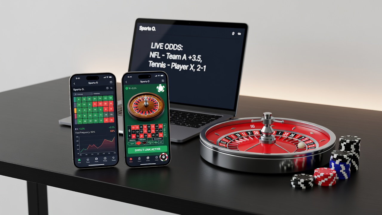 Close-up of mobile app interface showing poker hand analysis synced with roulette wheel statistics and sports betting odds