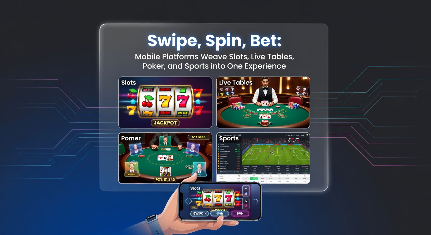Smartphone screen displaying a unified mobile casino app with slots spinning, live dealer table, poker hand, and sports odds sidebar