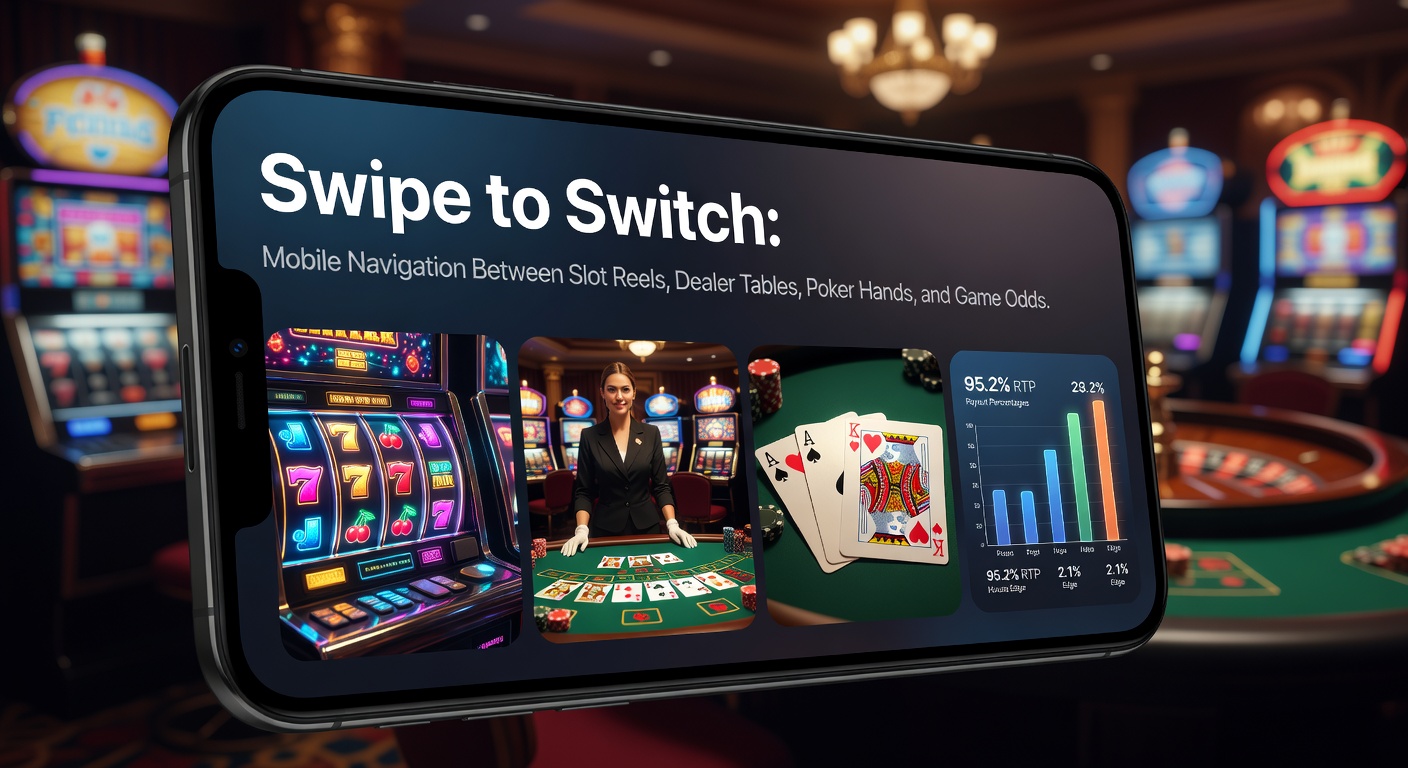 Smartphone screen displaying swipe gesture switching from vibrant slot reels to a live dealer blackjack table, with poker hands and sports odds visible in adjacent tabs