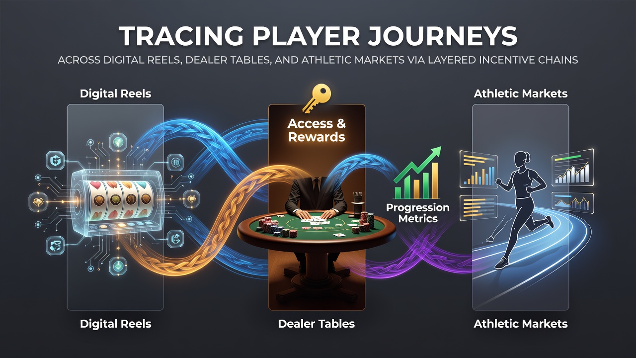 Digital illustration showing player pathways connecting slot machines, live dealer tables, and sports betting interfaces through interconnected reward layers