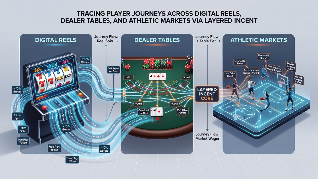 Infographic-style image depicting layered bonus progression from digital slots through live casino tables to sports wagering terminals